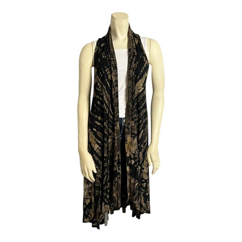 Cherith Brook Tie Dye Razor-Cut Long Vest Cardigan Black Women's Casual Boho